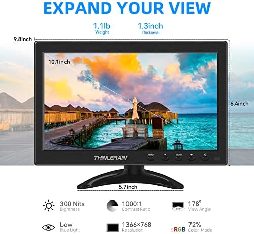 Thinlerain 10.1 inch Small PC Monitor Mini Monitor HDMI Monitor with IPS Panel, 1366x768 LED Monitor Support HDMI VGA Intput, for Computer, Laptop Kitchen Monitor, Built-in Speaker - Image 2