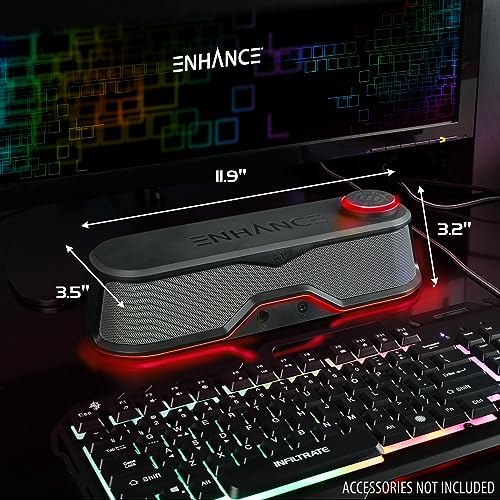ENHANCE SB1 Computer Speakers High Excursion Soundbar - USB Powered Computer Sound Bar, Under Monitor Speaker with 10W Peak, LED Volume Control Knob, Headset Pass Through, Gaming Soundbar for PC - Image 2