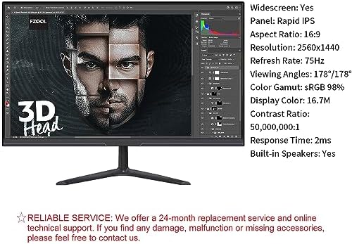 luckyfive 24 Inch QHD Computer Monitor,1440P Ultrawide LED Monitor,75Hz IPS Display with Built-in Speakers,75Hz,HDMI,DisplayPort,VESA,Tilt - Image 3