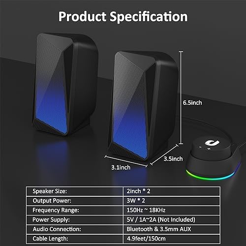 Jeecoo M40 Bluetooth Computer Speakers Desktop PC Speakers for Monitor - Enhanced Stereo Sound, Pulsing & Led Flame, Wired Handy Control - with 3.5mm AUX for Laptops Tablets - Image 6