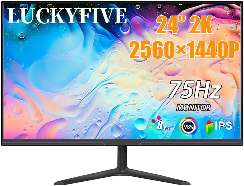 luckyfive 24 Inch QHD Computer Monitor,1440P Ultrawide LED Monitor,75Hz IPS Display with Built-in Speakers,75Hz,HDMI,DisplayPort,VESA,Tilt