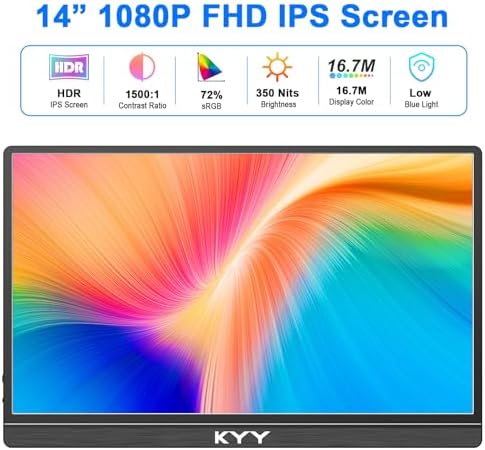 KYY Portable Monitor for Laptop, 14" FHD 1080P Travel Monitor, USB-C & HDMI Computer Gaming Screen with VESA Mount & Smart Cover, Dual Speakers, for Mac PC Phone Xbox PS5 Switch - Image 5