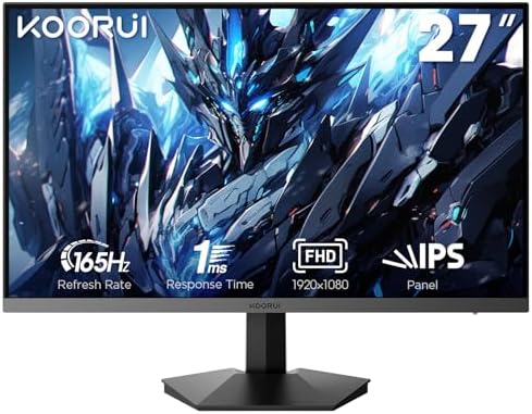 KOORUI 27 inch Gaming Monitor IPS FHD 1920 x 1080, 144Hz 165Hz, 1ms(GTG) with Adaptive Sync, 75x75 mm VESA Mountable, Tilt Adjustable, 2 x HDMI 2.0 & DisplayPort 1.4, Black