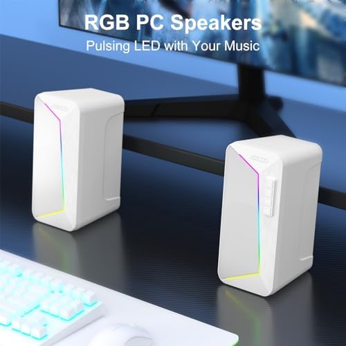 Jeecoo M30 Bluetooth Computer Speakers, PC Gaming Speakers for Desktop with Crisp Stereo Sound, Dynamic LED Modes, Easy-Access Control, 10W - USB-Powered, White - Image 3