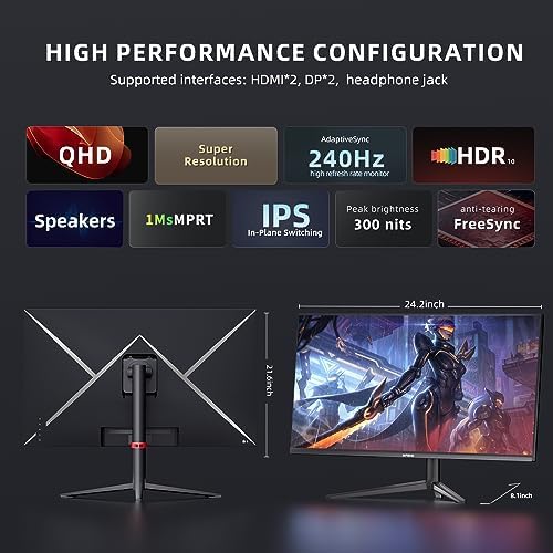 INFIEVO Gaming Monitor 27 Inch QHD 1440P Computer Monitor 240Hz IPS 1ms, FreeSync, Ultra-Thin PC Monitor, VESA Compatible, Liftable and Pivotable Stand, HDMI/DP X2, Eye Care, Built-in Speakers - Image 4