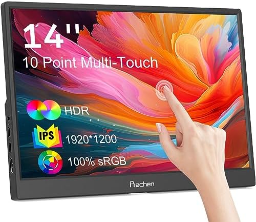 Portable Monitor Touchscreen, HDR, 400cd/m², 14 Inch 1920x1200 Display with HDMI USB C, IPS Screen, 100% sRGB, Kickstand & Built-in Speakers, External Monitor for Laptop PC Phone Mac Xbox
