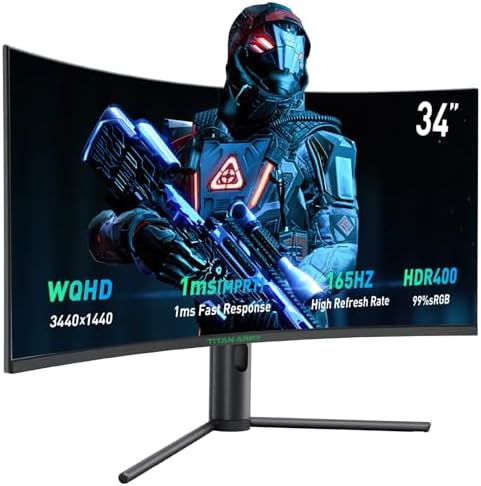 TITAN ARMY Curved 34-inch Gaming Monitor, 3440x1440 165Hz 3K Computer Moniter, 1ms 1500R Adaptive Sync Frameless, 99% sRGB,HDMI 2.1 * 2, Eye Care, Height Adjustment, C34CHR