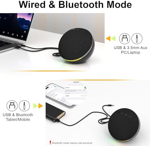 SOULION C10 Bluetooth Computer Speakers with 4 Modes Colorful LED Light, USB Powered 3.5mm Aux Mini PC Speakers with Switch Button, Crystal Sound Portable Soundbar for Desktop Laptop Monitor Black - Image 4