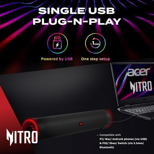 acer Nitro 2.0 Bluetooth USB Computer Speakers Gaming Soundbar for Laptop Desktop Monitor Tablet Phone via USB/USB-C on PC Mac & Android, Nitro Pulse RGB Lights, 3.5mm Audio, Xbox PS5 - Image 3