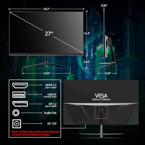 27 Inch Gaming Monitor, 144hz/180hz Computer Display FHD 1080P PC Monitors, Frameless Curved Screen VA, DisplayPort, HDMI, Eye Care, Wall Mount Compatible - Image 6