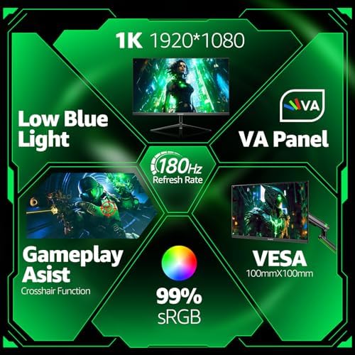 27 Inch Gaming Monitor, 144hz/180hz Computer Display FHD 1080P PC Monitors, Frameless Curved Screen VA, DisplayPort, HDMI, Eye Care, Wall Mount Compatible - Image 2