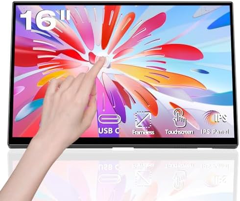 Touchscreen Portable Monitor 16 Inch HD 1920x1200P Touch Screen USBC Monitor IPS Display, 300cd/m², External Portable Monitor for PC Laptop Phones Computer Ras Pi, Built-in Kickstand