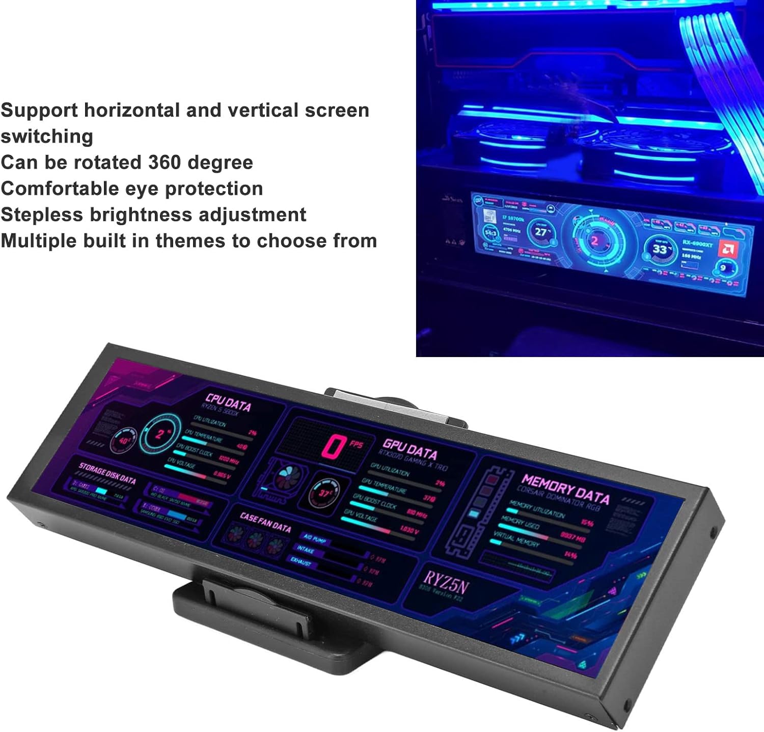 Computer Temp Monitor, 8.8 Inch IPS USB C Mini Screen, AIDA64 PC Temperature Display, CPU GPU SSD Data Monitor, PC Sensor Panel for Desktop Gaming (Black) - Image 3