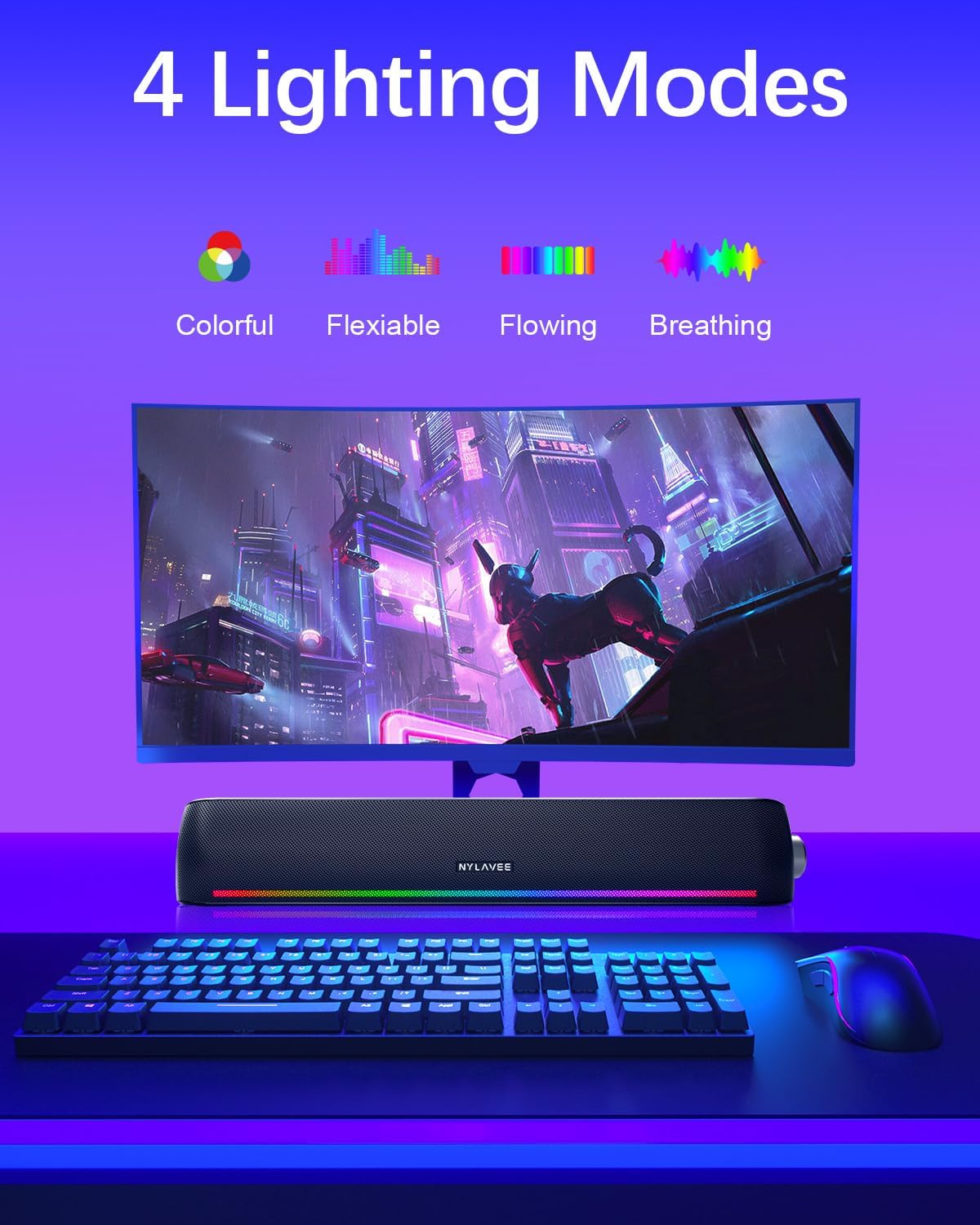 Computer Speakers, Hi-Fi Sound Quality Computer Sound Bar, Bluetooth 5.0 & 3.5mm Wired PC Speakers with 4 Dynamic Lighting Modes, USB Powered Speakers for PC, Desktop, Laptops, Phones, Monitors, Xbox - Image 3