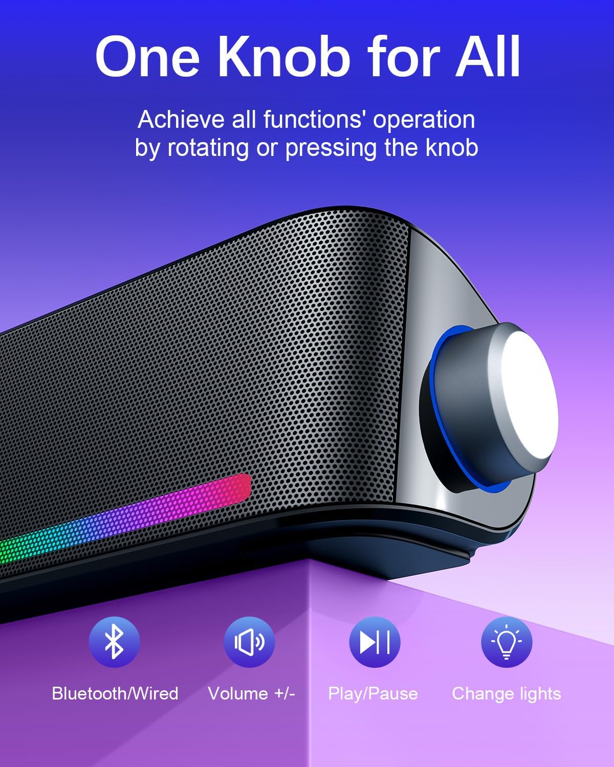 Computer Speakers, Hi-Fi Sound Quality Computer Sound Bar, Bluetooth 5.0 & 3.5mm Wired PC Speakers with 4 Dynamic Lighting Modes, USB Powered Speakers for PC, Desktop, Laptops, Phones, Monitors, Xbox - Image 5