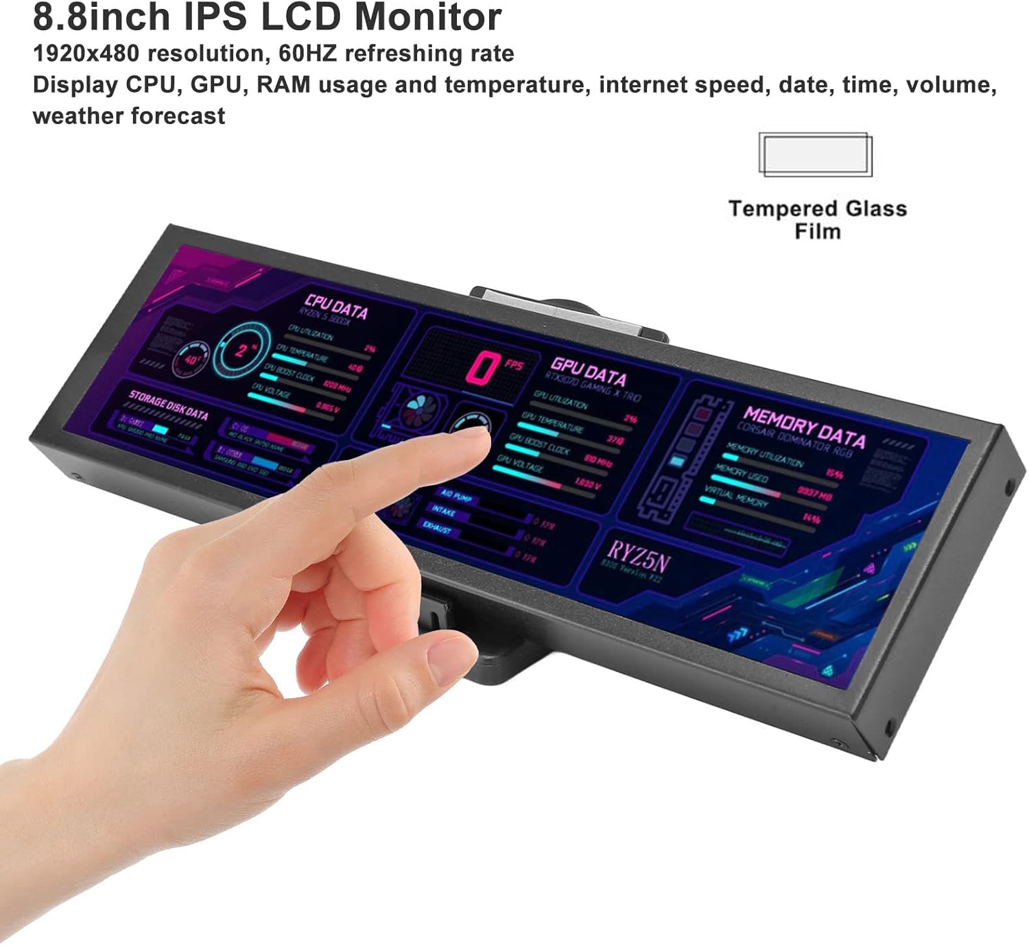 Computer Temp Monitor, 8.8 Inch IPS USB C Mini Screen, AIDA64 PC Temperature Display, CPU GPU SSD Data Monitor, PC Sensor Panel for Desktop Gaming (Black) - Image 4