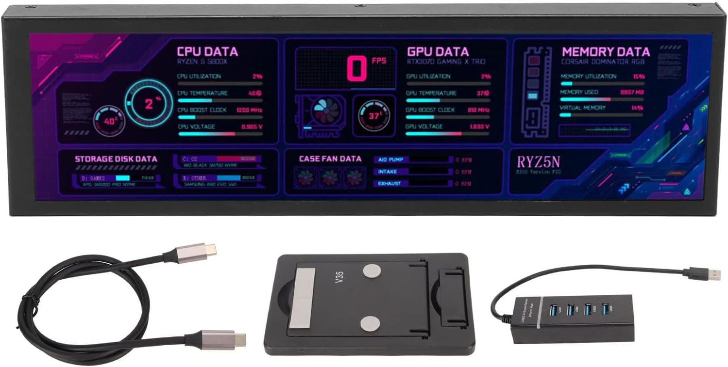 Computer Temp Monitor, 8.8 Inch IPS USB C Mini Screen, AIDA64 PC Temperature Display, CPU GPU SSD Data Monitor, PC Sensor Panel for Desktop Gaming (Black)