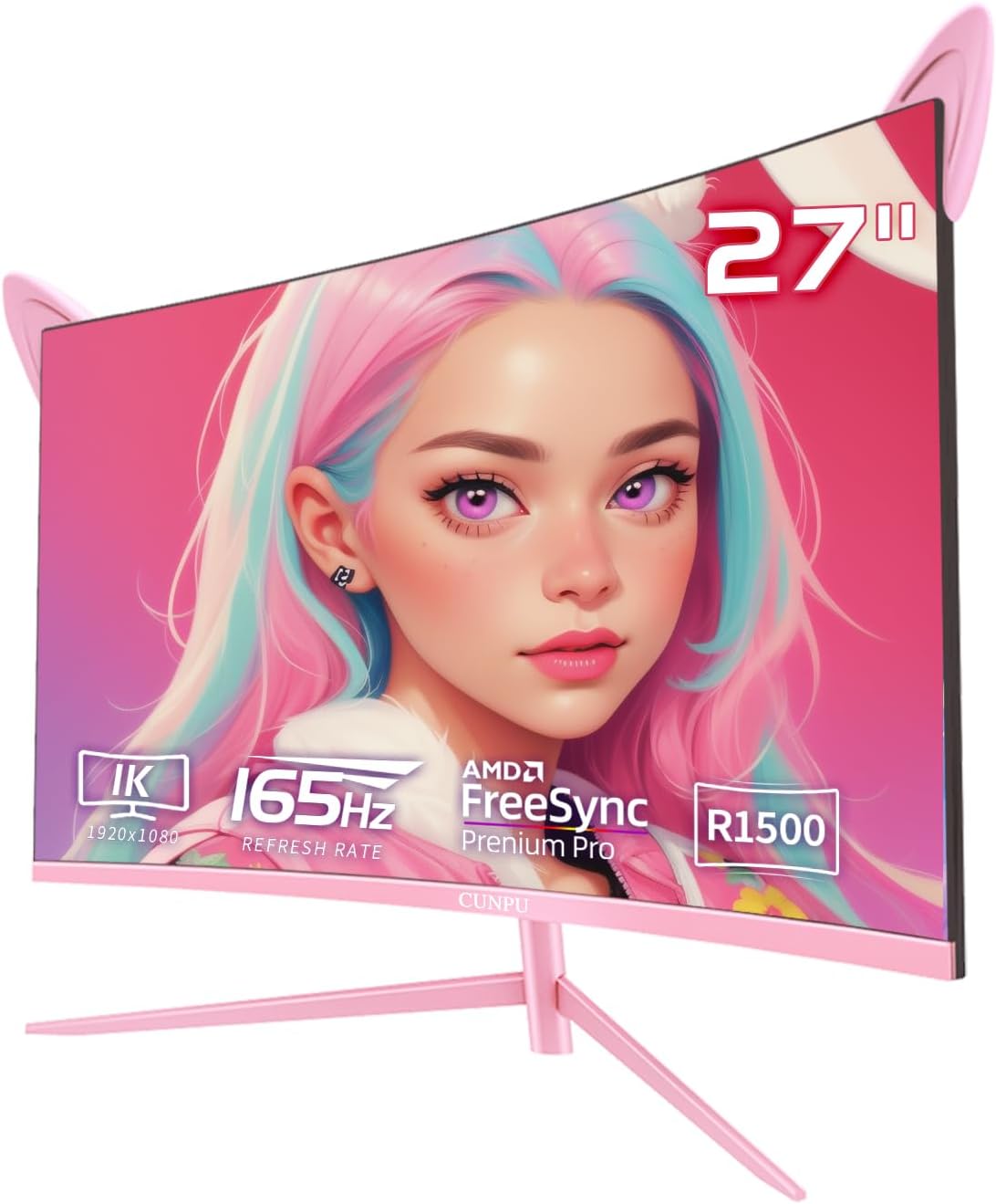 Pink Computer Monitor, 27 inch 1080p 165Hz (Supports 144Hz) Kawaii Gaming Monitor, VA Panel 1500R Curved PC Monitor, AMD Free-Sync, Built-in Speaker, Tilt Adjustment, HDMI, DisplayPort, R27FP