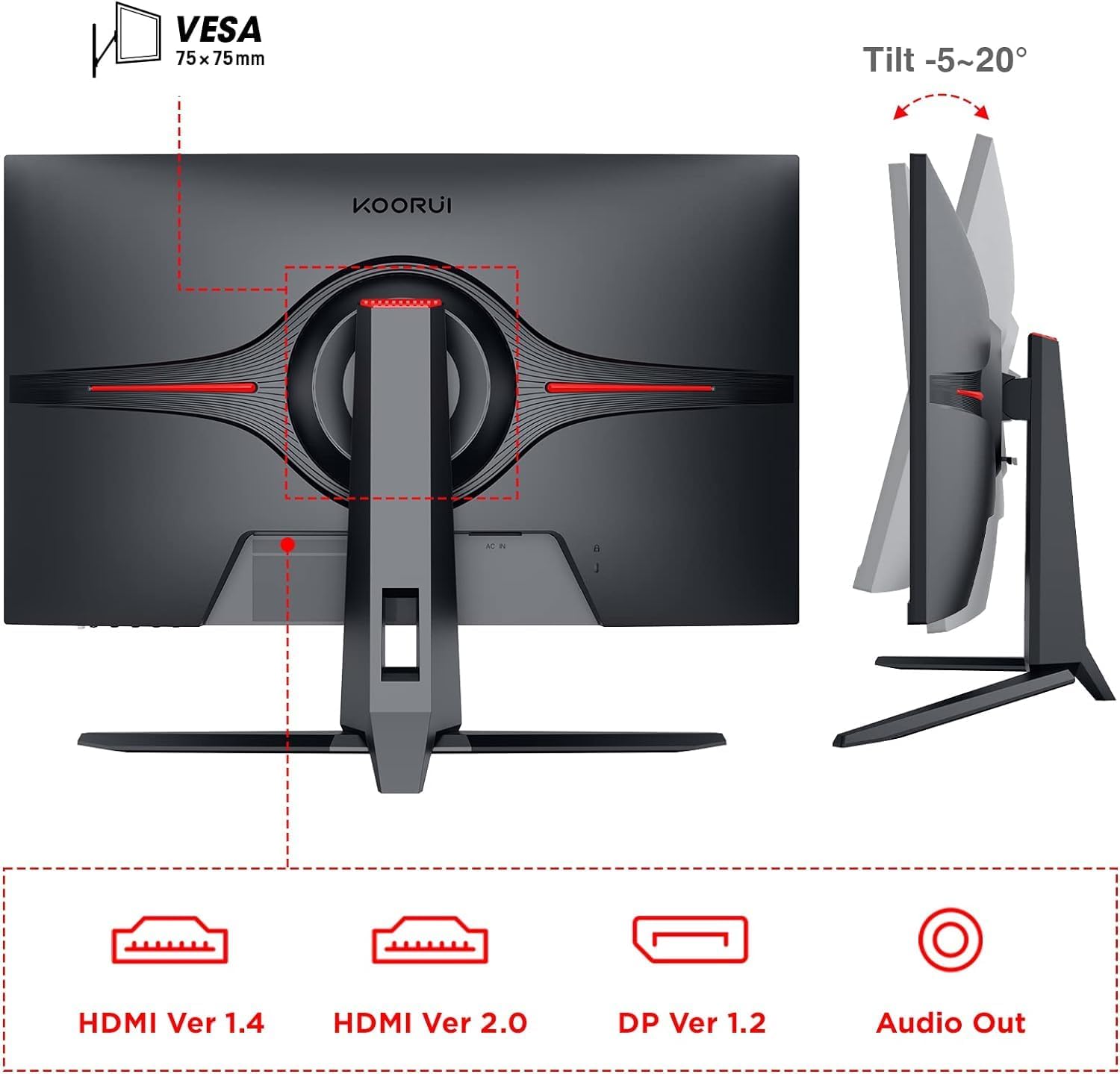 KOORUI 27-inch Gaming Monitor 144Hz QHD(2560 x 1440p) 2K, 1ms, HDR10, DCI-P3 90% Color Gamut, Adaptive G-Sync, FreeSync Premium, HDMI x 2, DisplayPort, Vesa/Wall Mount, Black - Image 7