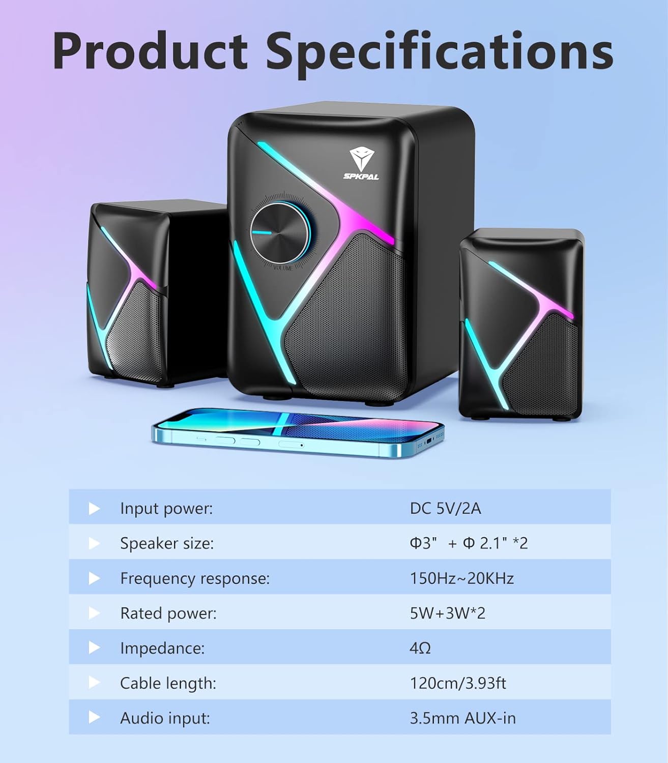 SPKPAL 2.1 Computer Speakers for Desktop with Subwoofer, Dynamic RGB PC Speakers with 11W Stereo Sound, USB Powered Multimedia Speaker System with 3.5mm AUX-in for Laptop, Tablet, Monitor, Phone - Image 7