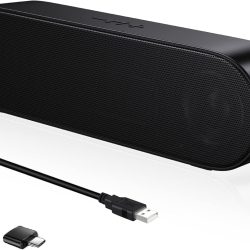 Computer Speakers, Wired Single USB-Powered Sound-bar with Dual 5W Stereo Sound for PC Desktop Monitor, Plug-n-Play (USB-C to USB Adapter Included)