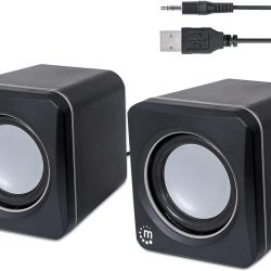 MANHATTAN USB Powered Stereo Speaker System - Small Size - with Volume Control & 3.5 mm Audio Plug to Connect to Laptop, Notebook, Desktop, Computer - 3 Yr Mfg Warranty - Black Silver, 166898