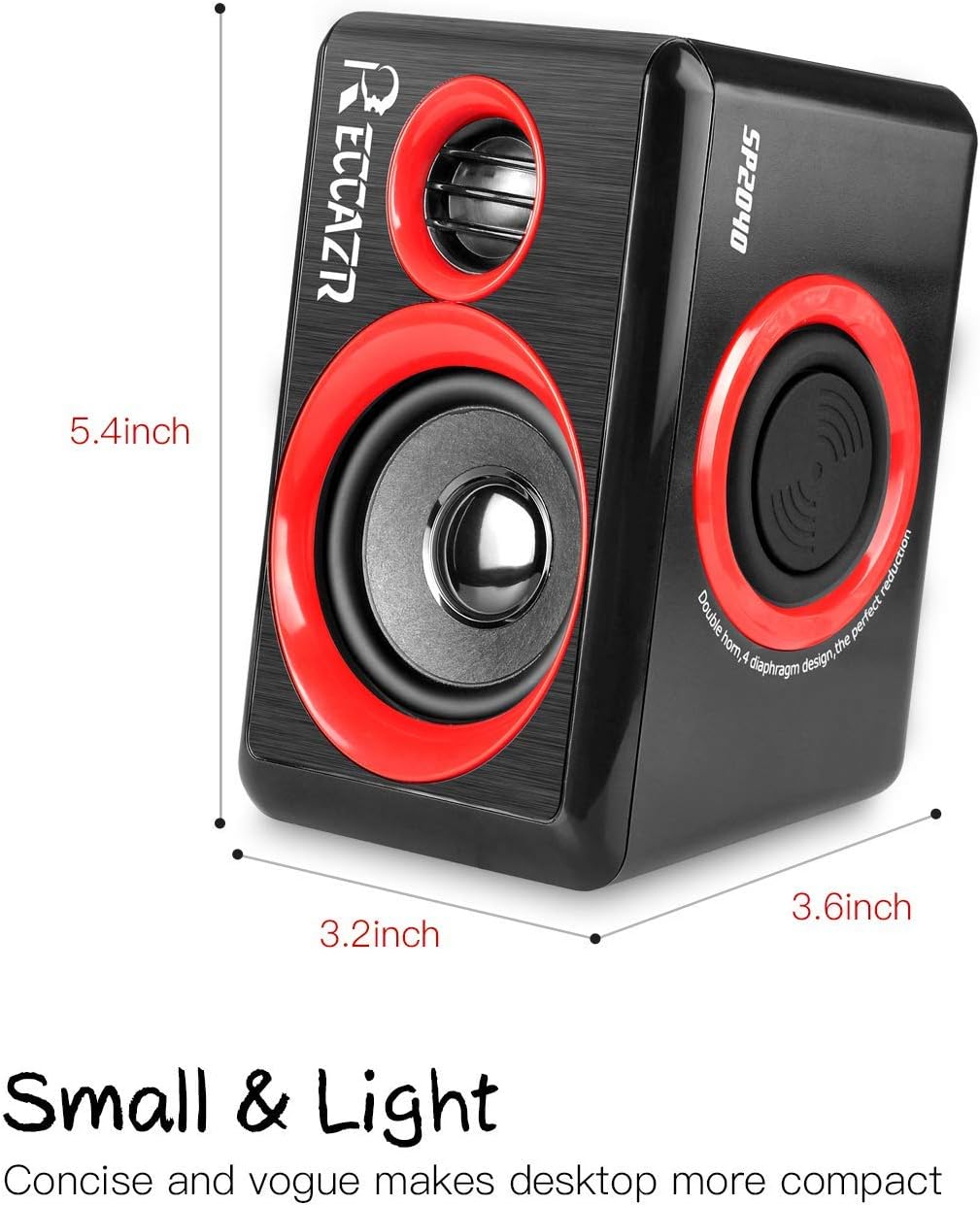Computer Speakers, 2.0 CH PC Speakers with Surround Sound, USB Wired Laptop Speakers with Deep Bass for Desktop Computer/PC/Laptops/Smart Phone Build-in 4 Loudspeaker Diaphragm Reccazr SP2040|RED - Image 8