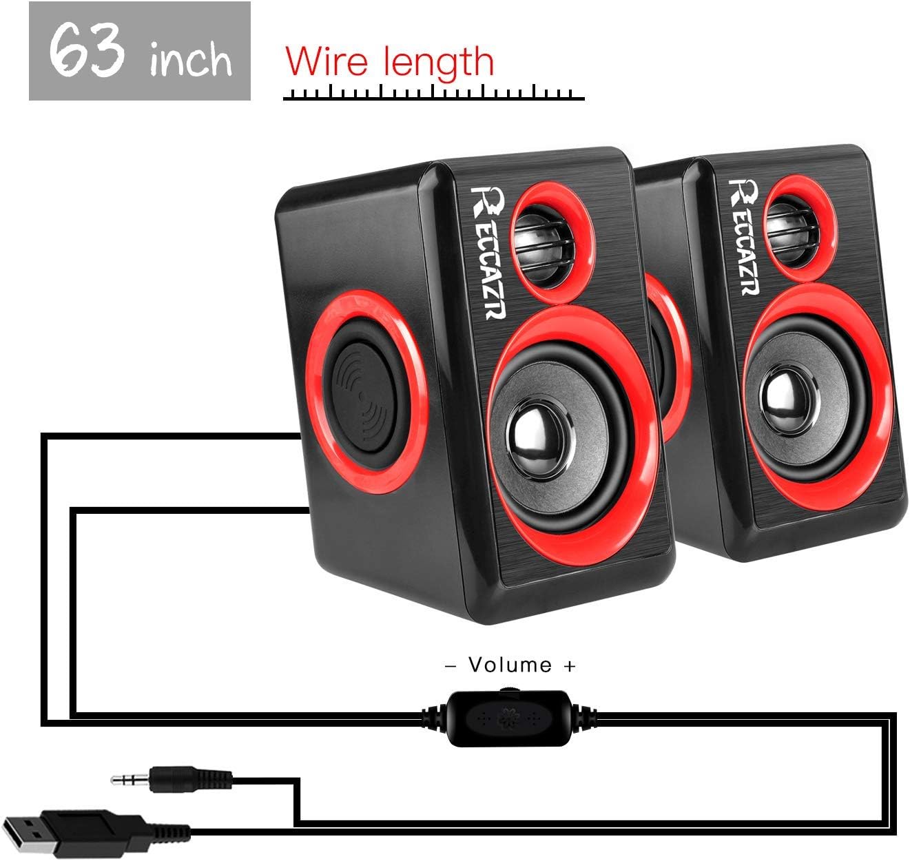 Computer Speakers, 2.0 CH PC Speakers with Surround Sound, USB Wired Laptop Speakers with Deep Bass for Desktop Computer/PC/Laptops/Smart Phone Build-in 4 Loudspeaker Diaphragm Reccazr SP2040|RED - Image 4