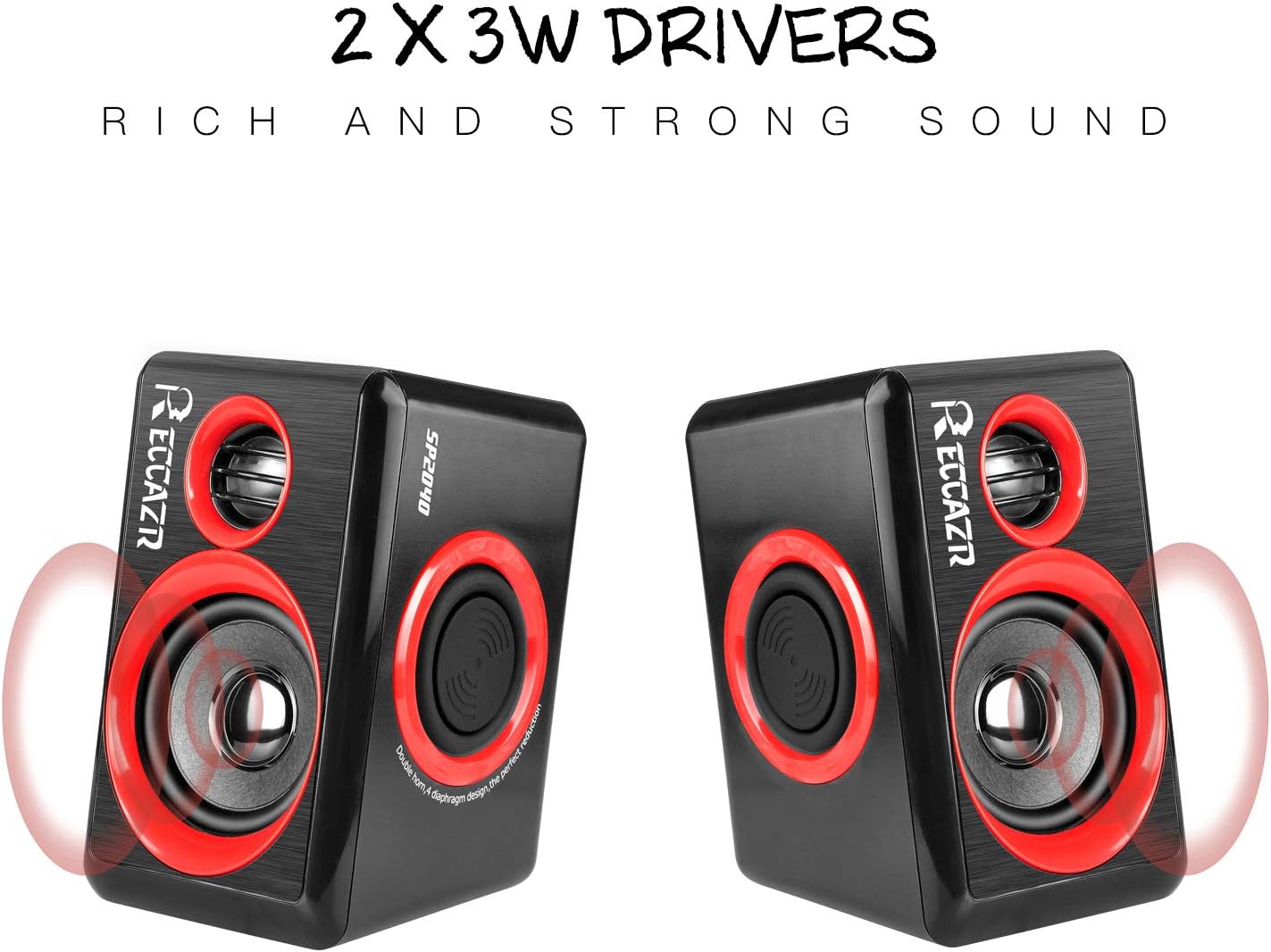 Computer Speakers, 2.0 CH PC Speakers with Surround Sound, USB Wired Laptop Speakers with Deep Bass for Desktop Computer/PC/Laptops/Smart Phone Build-in 4 Loudspeaker Diaphragm Reccazr SP2040|RED - Image 3