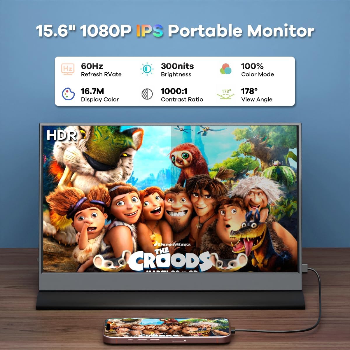 15.6'' 1080P IPS Portable Monitor HDR Display USB-C HDMI for Laptop PC Phone Mac Xbox PS4 - Image 2