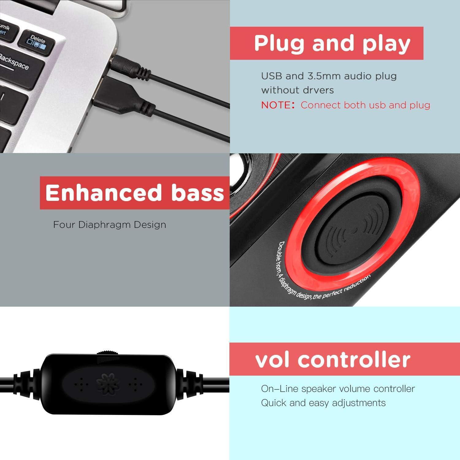 Computer Speakers, 2.0 CH PC Speakers with Surround Sound, USB Wired Laptop Speakers with Deep Bass for Desktop Computer/PC/Laptops/Smart Phone Build-in 4 Loudspeaker Diaphragm Reccazr SP2040|RED - Image 7