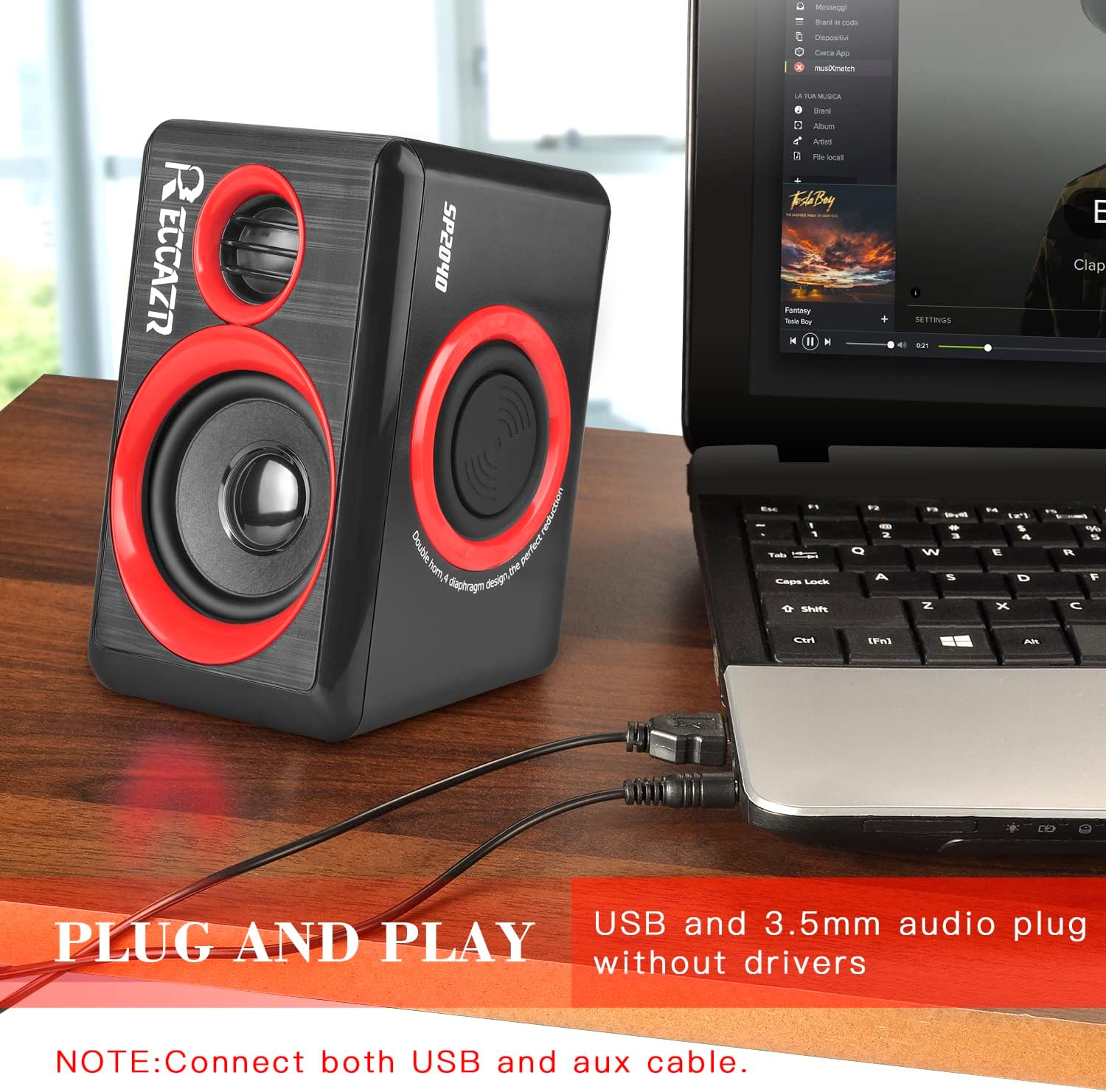 Computer Speakers, 2.0 CH PC Speakers with Surround Sound, USB Wired Laptop Speakers with Deep Bass for Desktop Computer/PC/Laptops/Smart Phone Build-in 4 Loudspeaker Diaphragm Reccazr SP2040|RED - Image 6