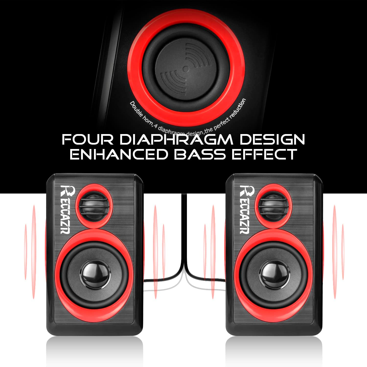 Computer Speakers, 2.0 CH PC Speakers with Surround Sound, USB Wired Laptop Speakers with Deep Bass for Desktop Computer/PC/Laptops/Smart Phone Build-in 4 Loudspeaker Diaphragm Reccazr SP2040|RED - Image 2