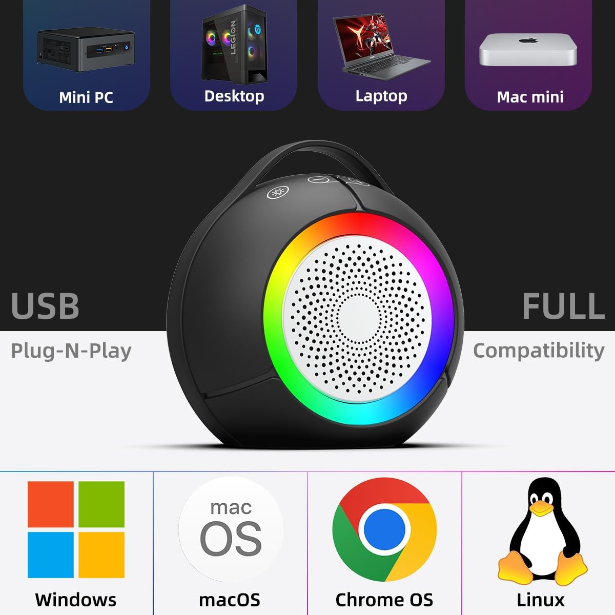 USB Computer Speakers for Desktop PC | Portable Plug-N-Play Laptop Speakers with Dynamic RGB Light, Ultra-Clear Sound, Loud Volume, Deep Bass, Touch Control, Compatible with Windows, macOS, ChromeOS - Image 6