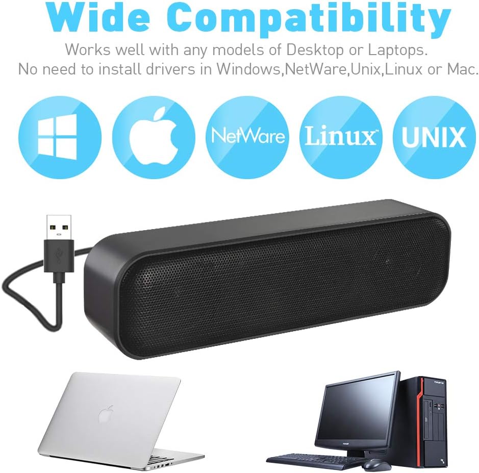 ZETIY Updated Computer Speaker, USB Powered Speaker for Desktop,Windows PC,Mac. Portable Mini Sound bar-Plug and Play with Volume Control and Mute Button (USB-C to USB Adapter Included) - Image 7