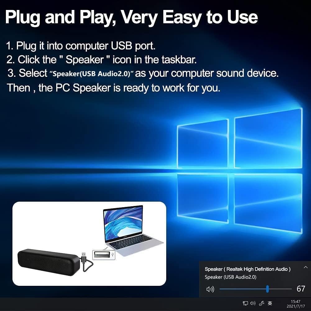 ZETIY Updated Computer Speaker, USB Powered Speaker for Desktop,Windows PC,Mac. Portable Mini Sound bar-Plug and Play with Volume Control and Mute Button (USB-C to USB Adapter Included) - Image 8