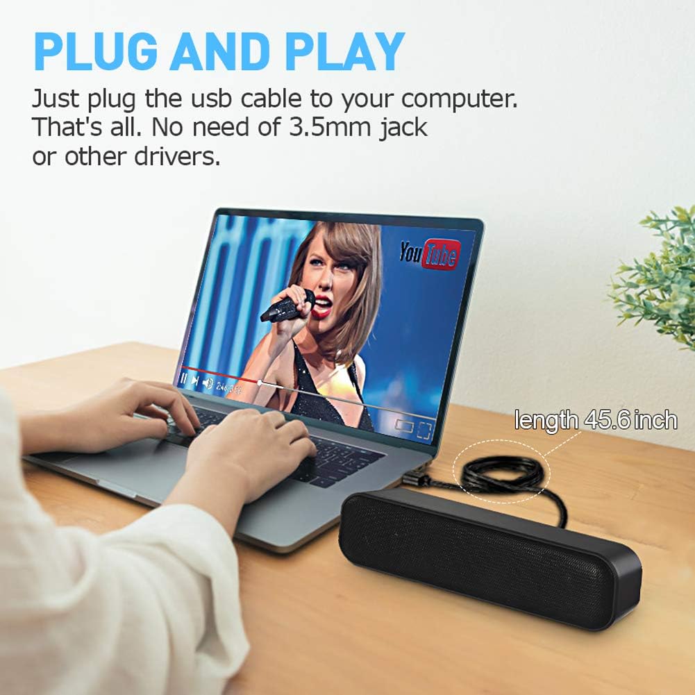 ZETIY Updated Computer Speaker, USB Powered Speaker for Desktop,Windows PC,Mac. Portable Mini Sound bar-Plug and Play with Volume Control and Mute Button (USB-C to USB Adapter Included) - Image 9