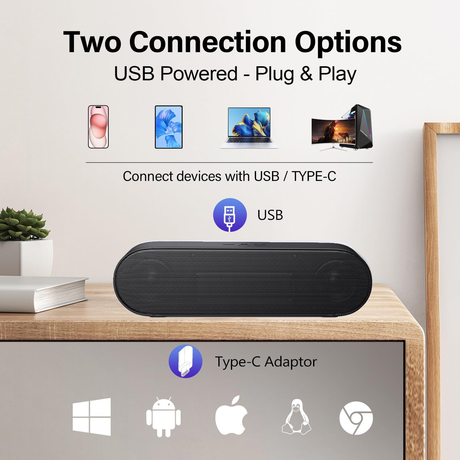 ZETIY Updated Computer Speaker, USB Powered Speaker for Desktop,Windows PC,Mac. Portable Mini Sound bar-Plug and Play with Volume Control and Mute Button (USB-C to USB Adapter Included) - Image 2