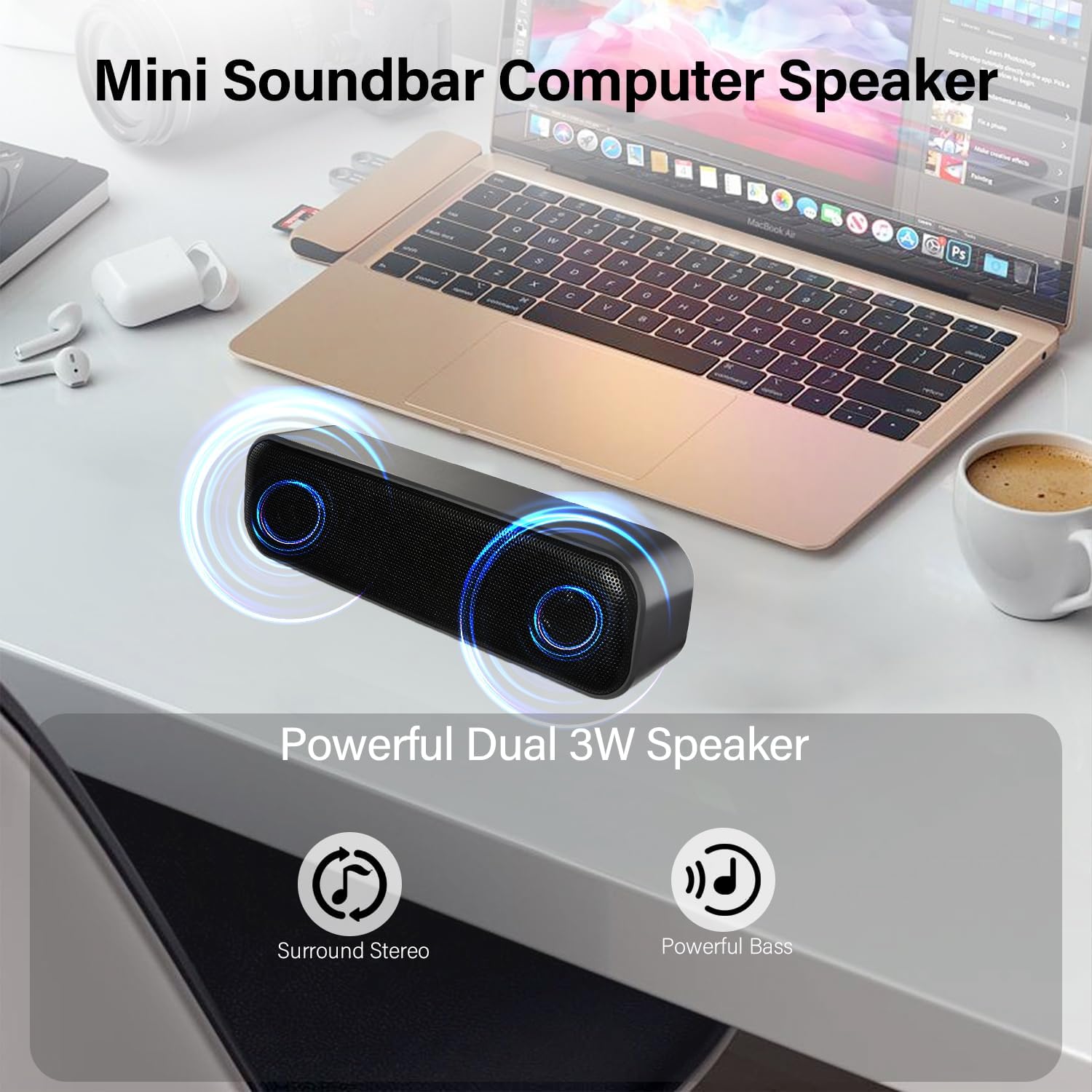 ZETIY Updated Computer Speaker, USB Powered Speaker for Desktop,Windows PC,Mac. Portable Mini Sound bar-Plug and Play with Volume Control and Mute Button (USB-C to USB Adapter Included) - Image 4