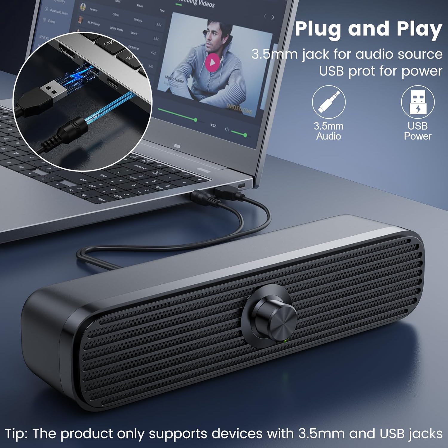 ST-18 Computer Speakers,Basics Mini Speakers for Desktop/Laptop,USB-Powered 3.5mm Aux Computer Soundbar with Volume Control,Plug-N-Play - Image 3