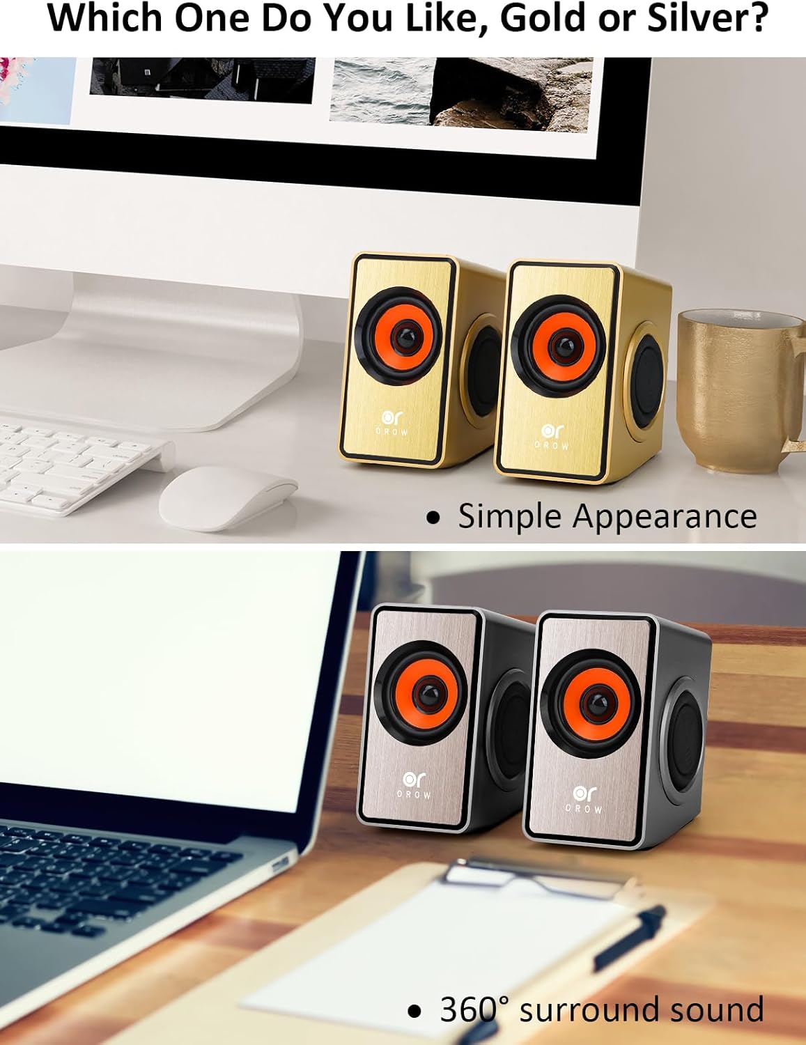 OROW Computer Speaker, 12W Desktop Speaker with Volume Control, 3.5mm Speaker, USB Powered, Dual Diaphragm, USB Speaker for PC/Laptop/mac/iMac/Projector(Silver) - Image 6
