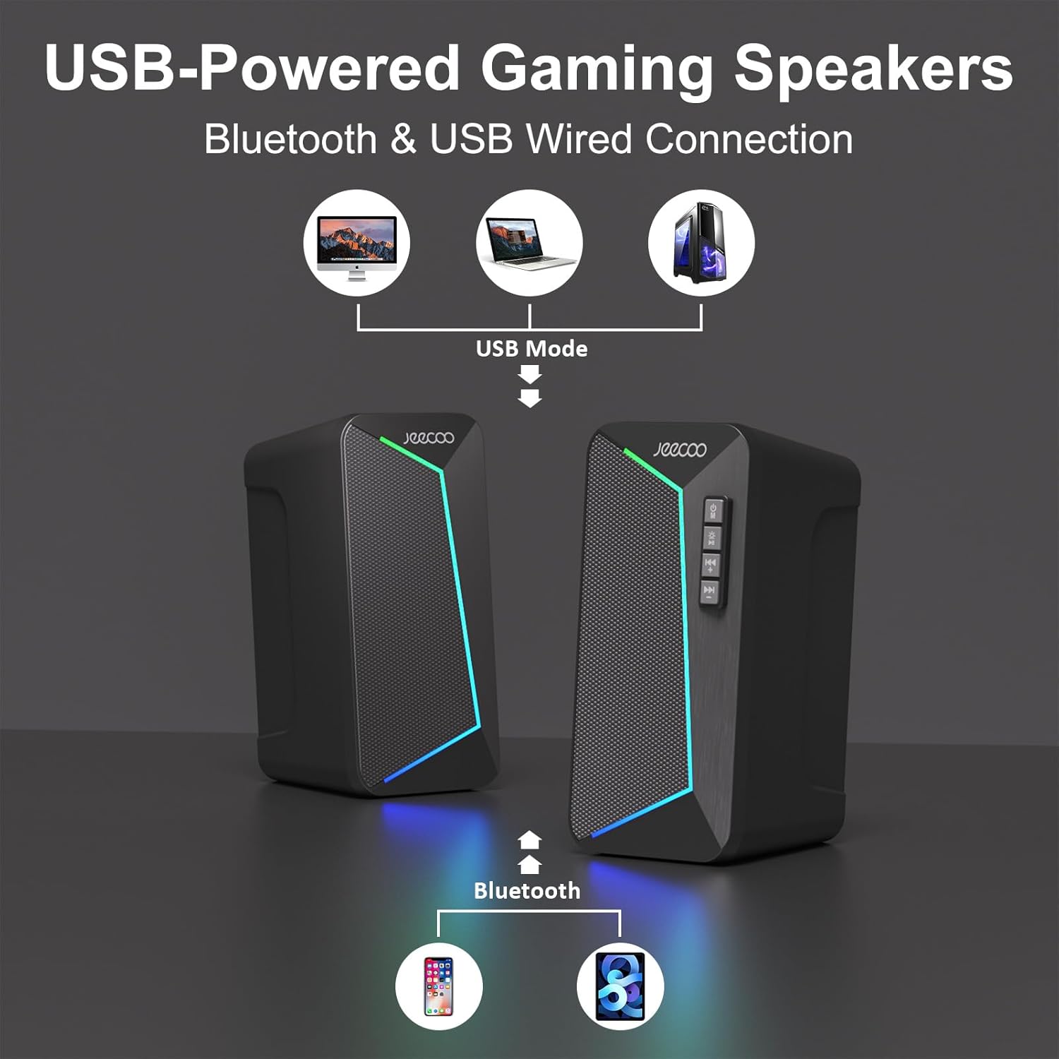 Jeecoo M30 Bluetooth Computer Speakers, RGB PC Gaming Speakers for Desktop with Crisp Stereo Sound, Dynamic LED Modes, Easy-Access Control, 10W - USB-Powered (Not 3.5mm Aux) - Image 5
