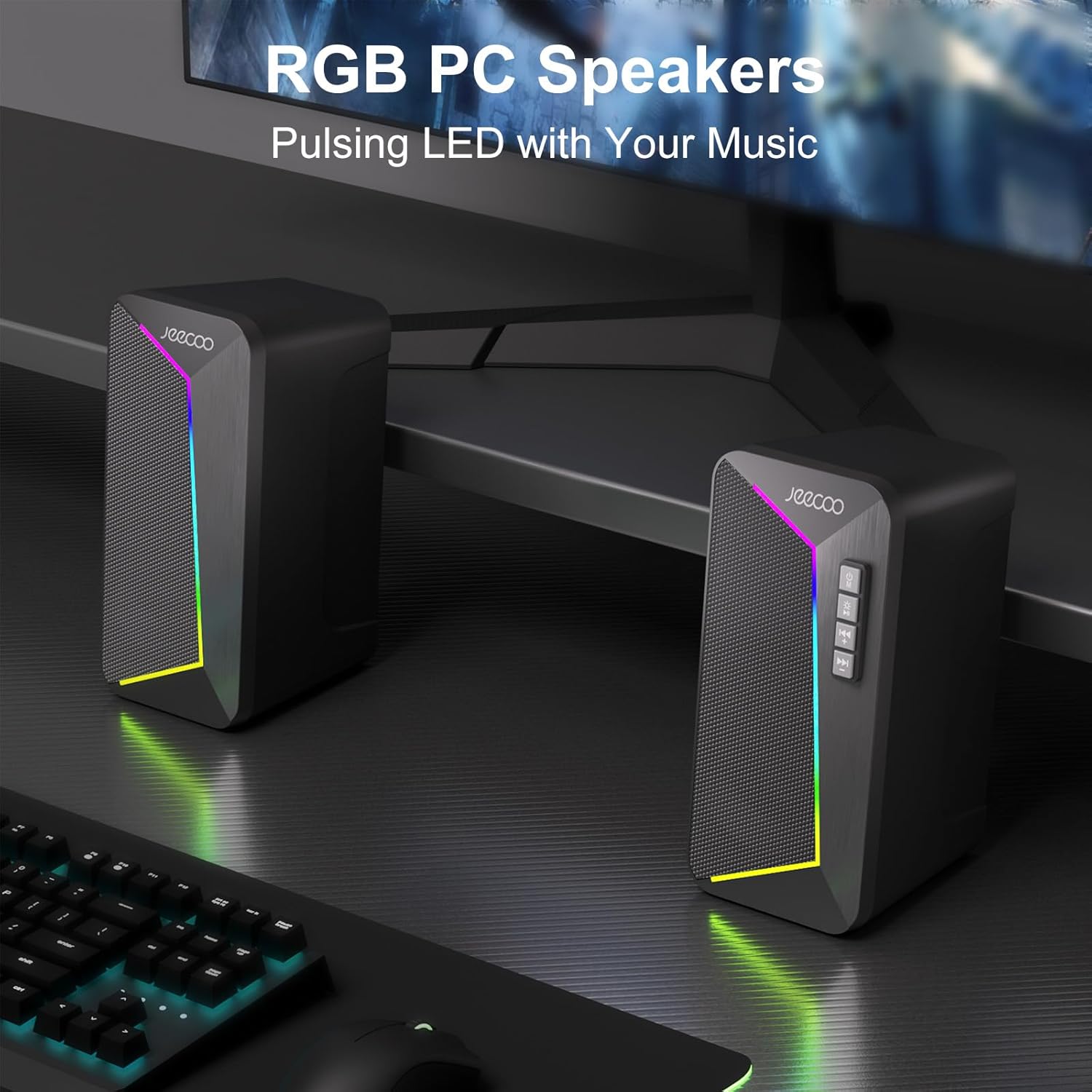 Jeecoo M30 Bluetooth Computer Speakers, RGB PC Gaming Speakers for Desktop with Crisp Stereo Sound, Dynamic LED Modes, Easy-Access Control, 10W - USB-Powered (Not 3.5mm Aux) - Image 6