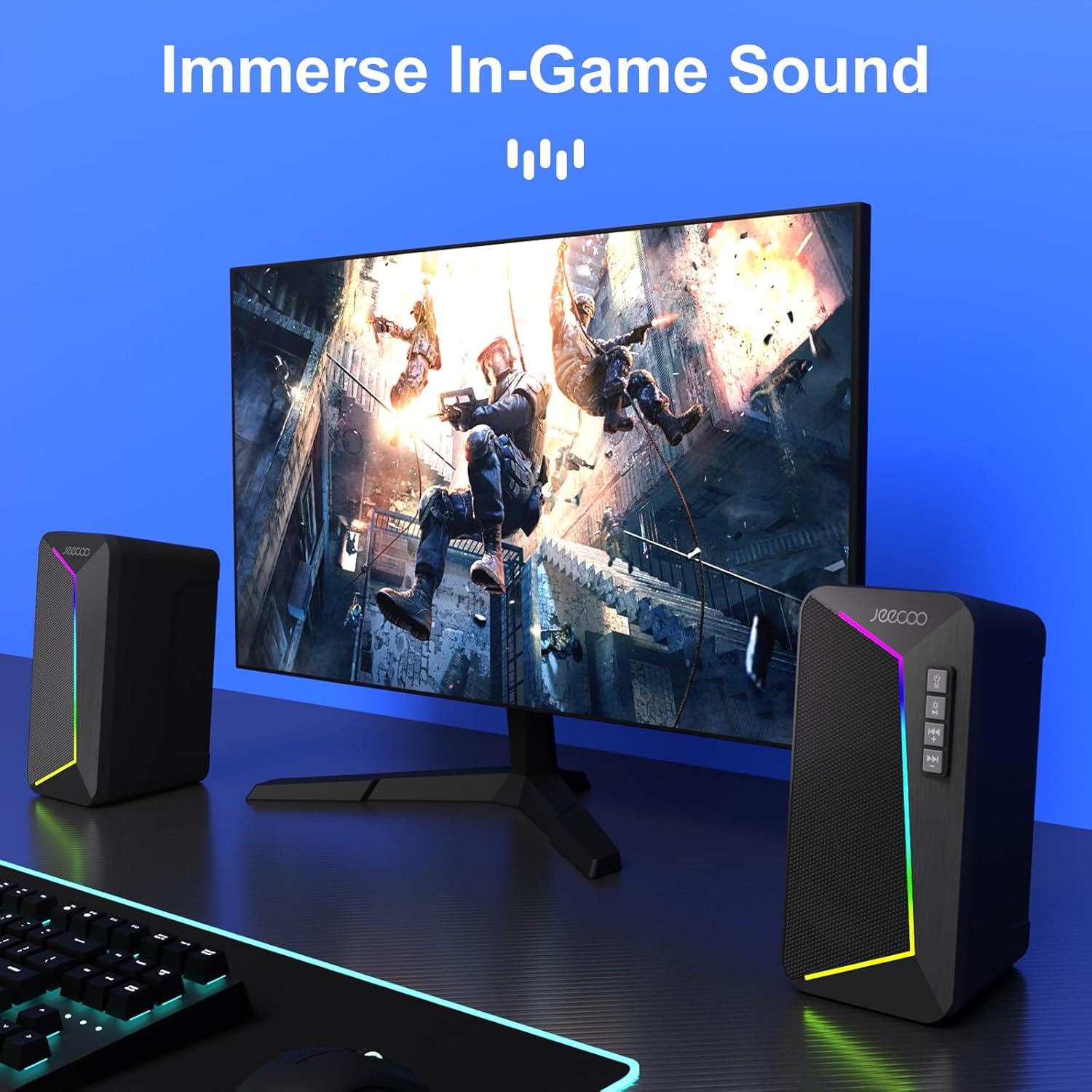 Jeecoo M30 Bluetooth Computer Speakers, RGB PC Gaming Speakers for Desktop with Crisp Stereo Sound, Dynamic LED Modes, Easy-Access Control, 10W - USB-Powered (Not 3.5mm Aux) - Image 9