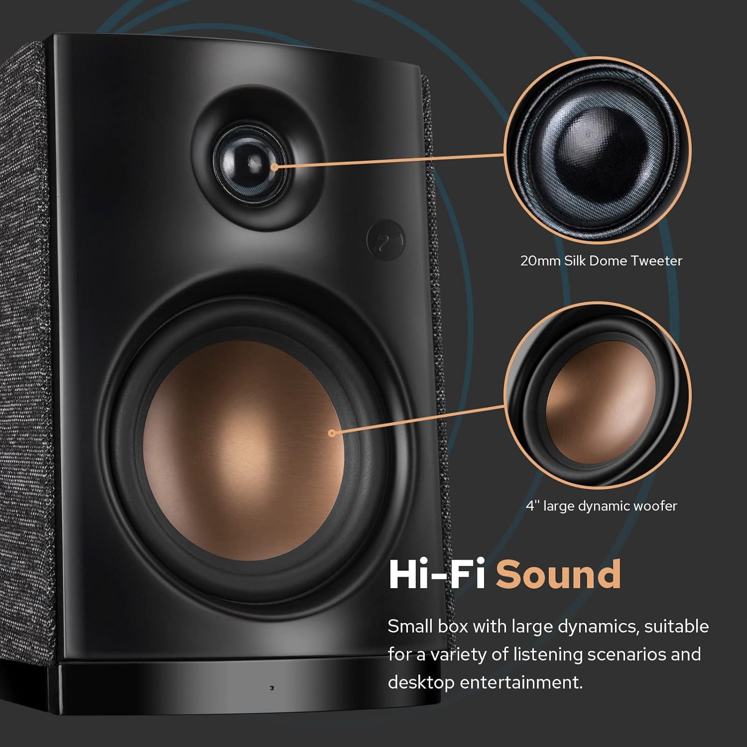 HiVi-Swans OS-10 HiFi Stereo Speakers, Bluetooth 5.0 Active Computer Bookshelf Speakers - 4'' Dynamic Woofer, Powered Desk Speakers 62w RMS with Touch Control for PC/Phone/TV - Black - Image 4