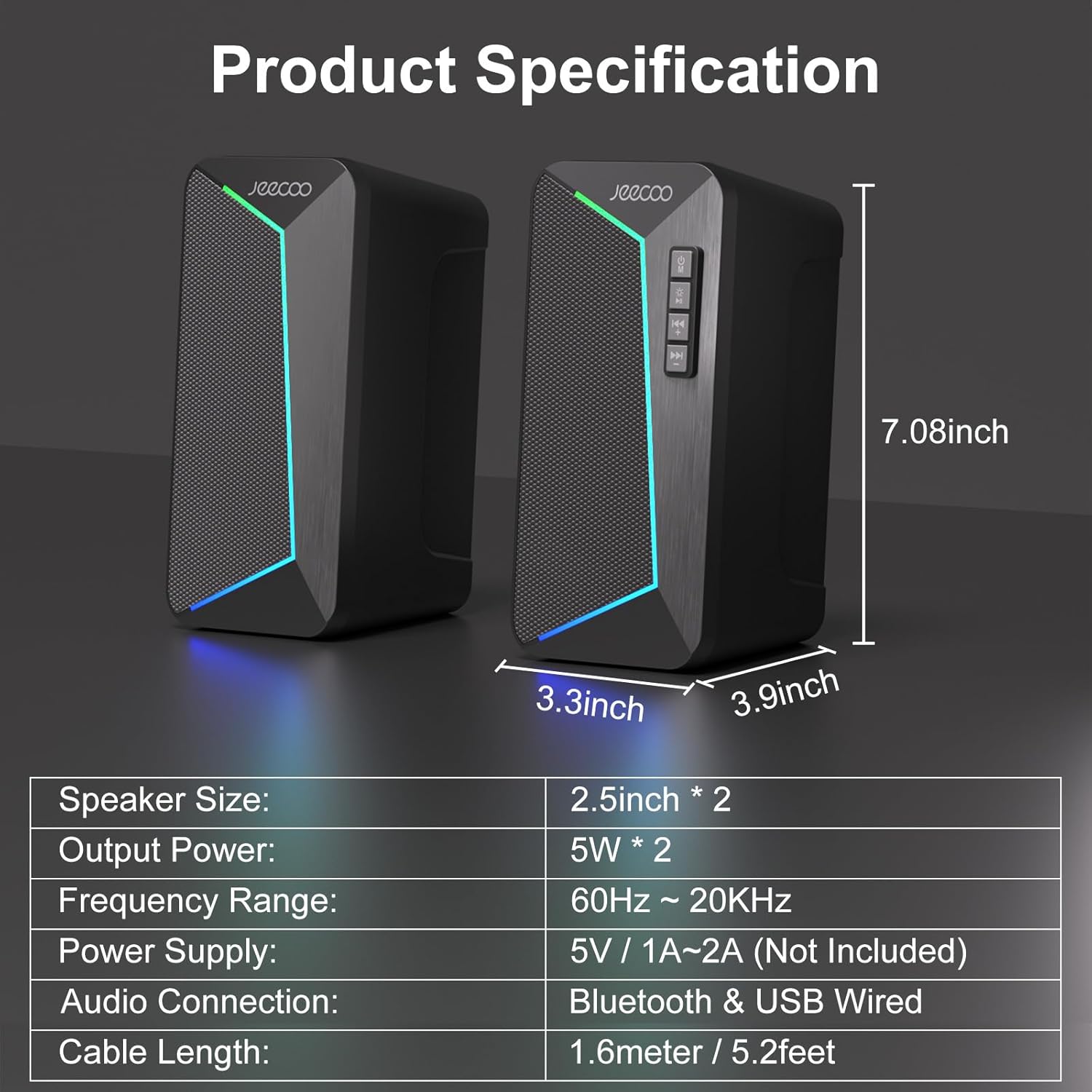 Jeecoo M30 Bluetooth Computer Speakers, RGB PC Gaming Speakers for Desktop with Crisp Stereo Sound, Dynamic LED Modes, Easy-Access Control, 10W - USB-Powered (Not 3.5mm Aux) - Image 2