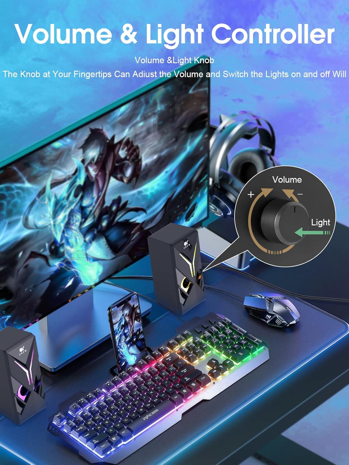 OROW 10W RGB Computer Speakers with Volume Control, Colorful LED Gaming Speakers for PC/Desktop/Laptop/Monitor, 3.5mm Aux Input, Lights On/Off Option (S201) - Image 5