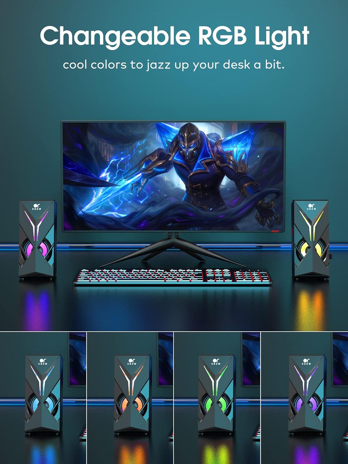 OROW 10W RGB Computer Speakers with Volume Control, Colorful LED Gaming Speakers for PC/Desktop/Laptop/Monitor, 3.5mm Aux Input, Lights On/Off Option (S201) - Image 2