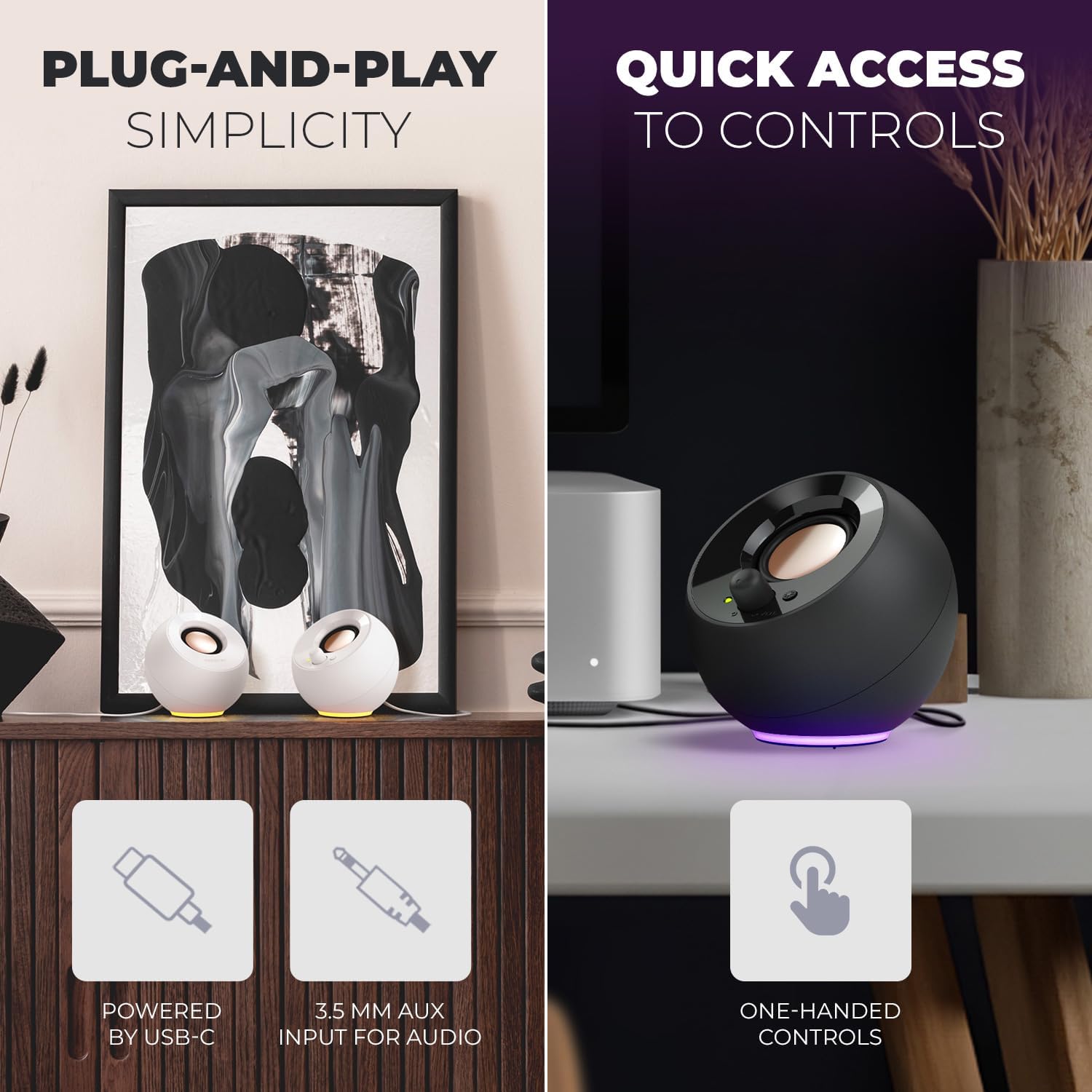 CREATIVE Pebble SE Minimalist 2.0 USB-C Powered PC Speakers with RGB Lighting?, 3.5 mm AUX-in, Up to 4.4W RMS Power for Computers and Laptops (White) - Image 3