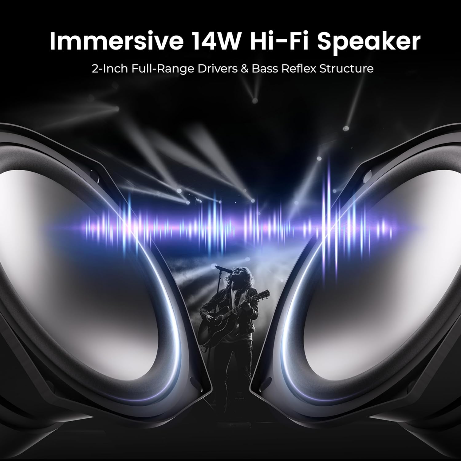 Computer Speakers with Bluetooth 5.4, 14W Bass Reflex Stereo PC Speakers with 15° Tilted Design, USB Powered & AUX Inputs, Built-in Mic & Headphone Jack for Desktop, Laptop, and Phones - Image 3